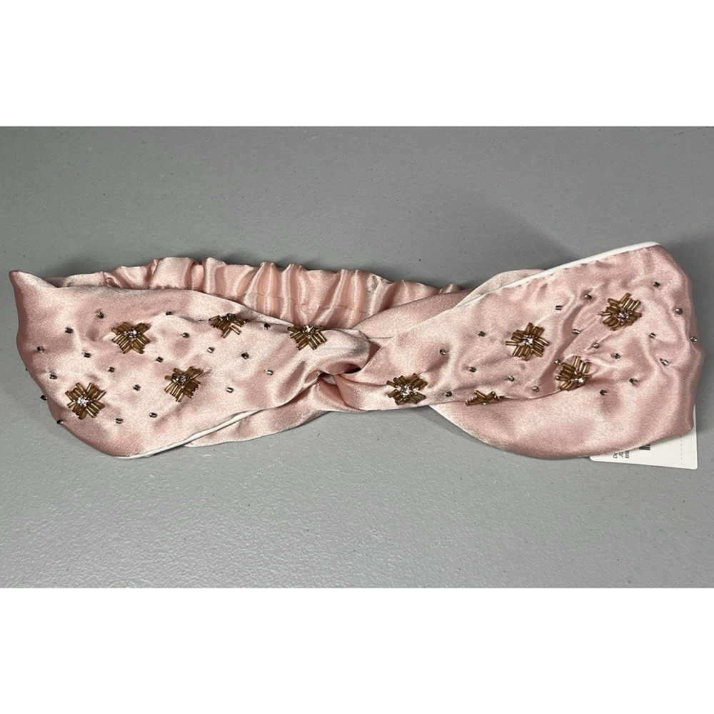 J Crew Satin Embellished Twist Front Headband in Blush Soft Pink Beaded Elastic